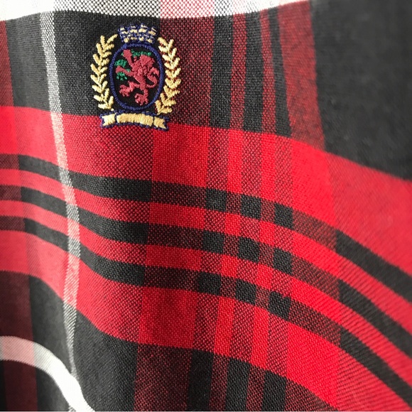 VTG Tommy Hilfiger XL Red Tartan Plaid Long Sleeve Button Up Shirt Crest Logo - Picture 5 of 16
